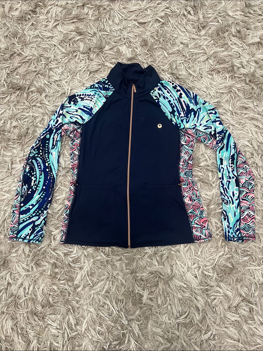 Lilly Pulitzer Navy Zip-Front Jacket with Aqua & Pink Printed Sleeves